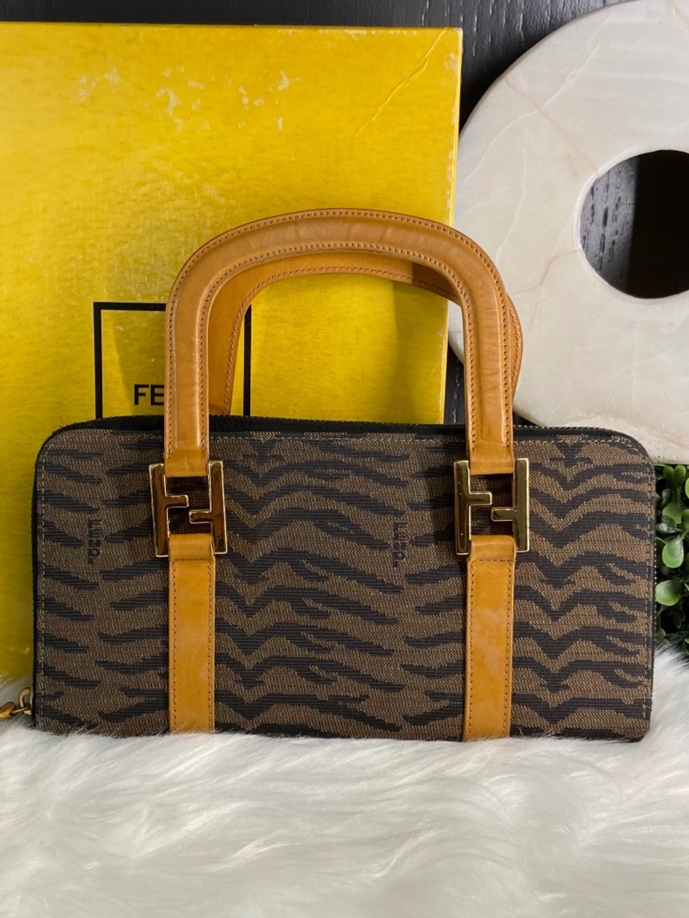 Fendi Vintage Tiger Print Handbag Built-In Wallet Black Brown Gold-Tone Hardware